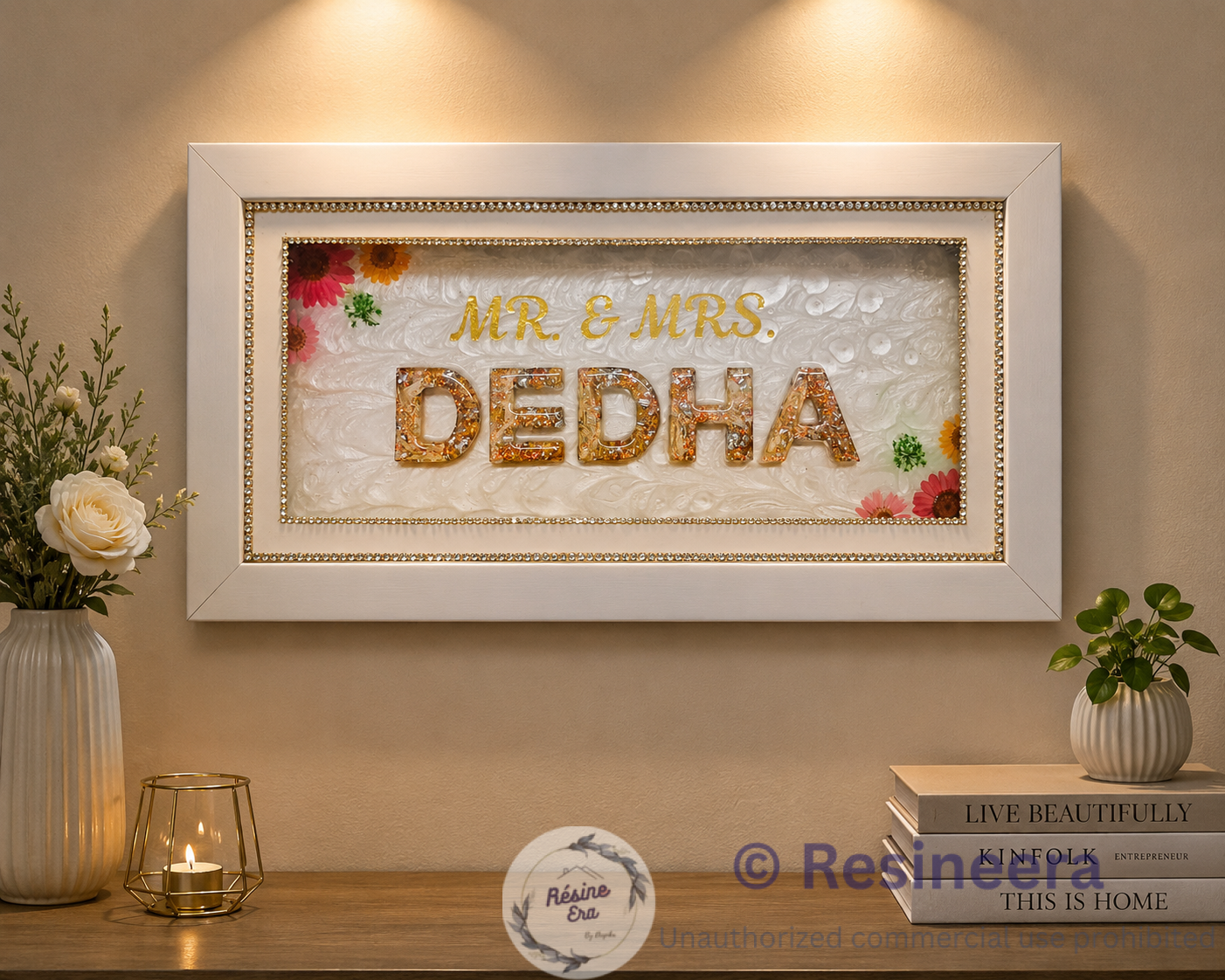 Varmala Preservation Varmala preservation frame with surname, preserved flowers, golden lettering, and white decorative frame