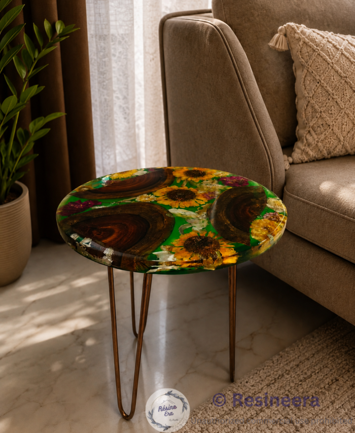 sunflower river table with sunflowers, natural wood slices, green resin, and metal legs