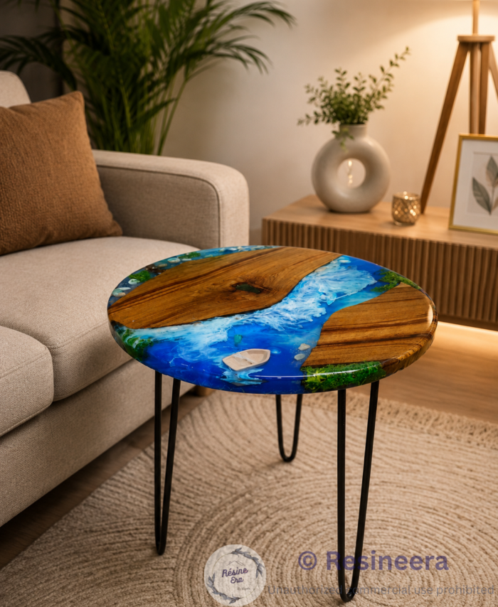 ocean river table with natural wood, blue resin waves, and black metal legs