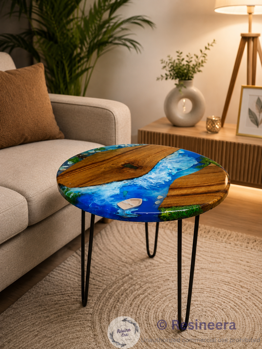 river table ocean river table with natural wood, blue resin waves, and black metal legs